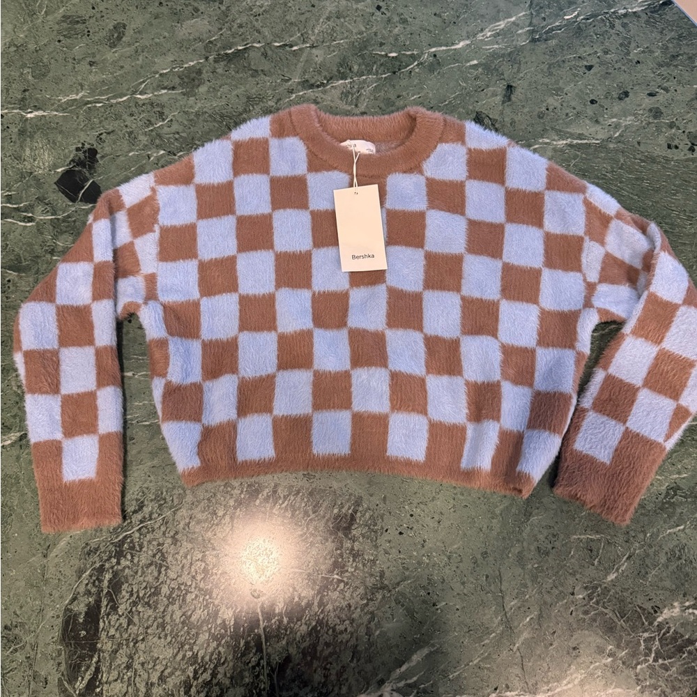 Bershka Light Blue and Brown Check Sweater